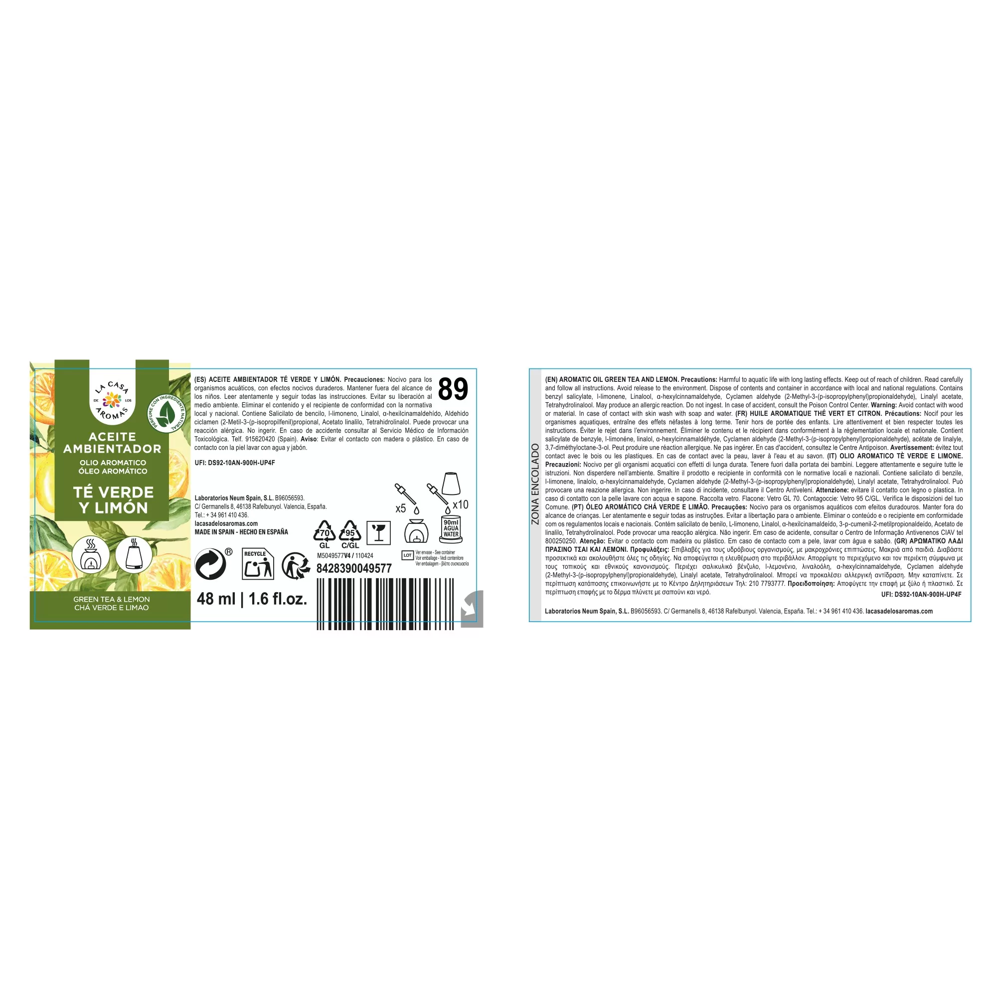 Aceite Esencial Té Verde y Limón, Ambientador 48ml - Vista 2